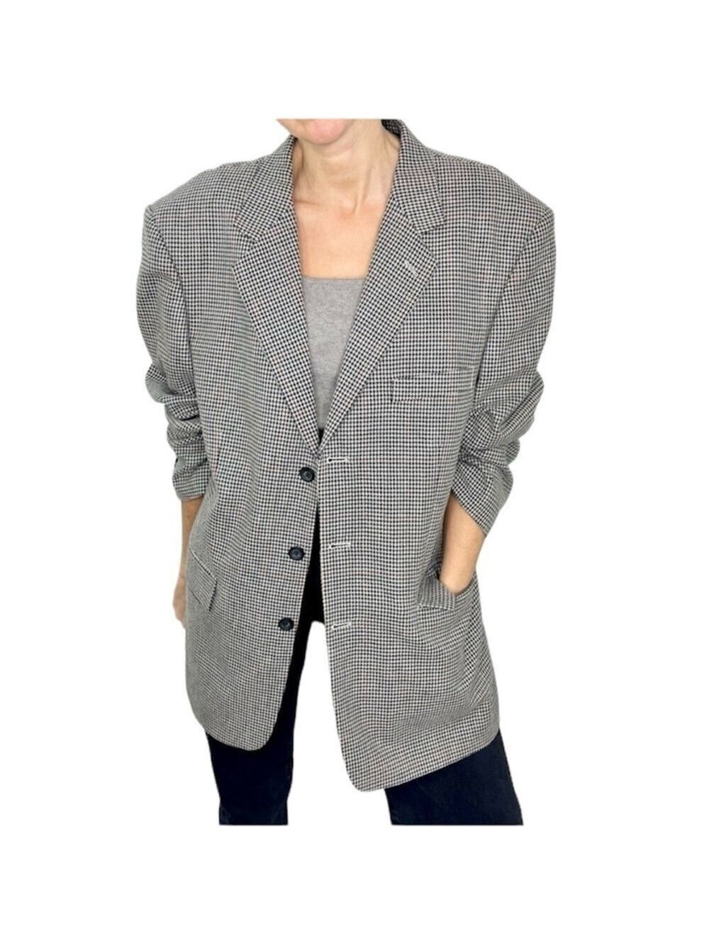 Wool Silk black white red check houndstooth oversized blazer 42